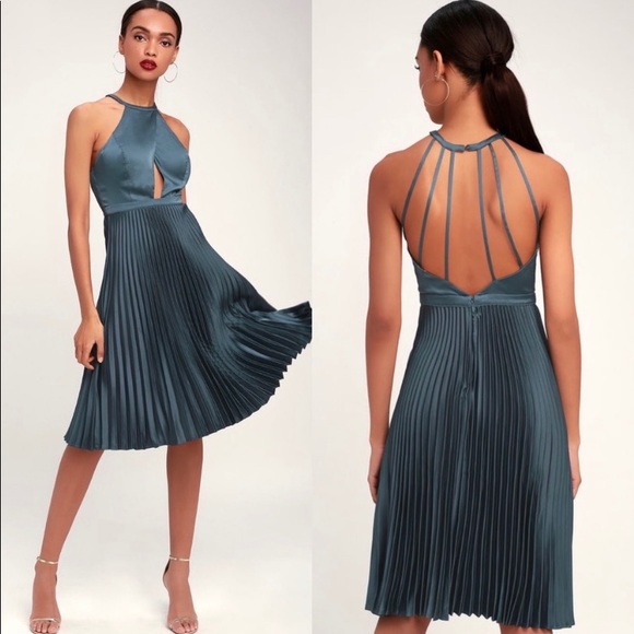 Lulus Dresses & Skirts - Pia Blue Grey Satin Halter Pleated Midi Dress XS